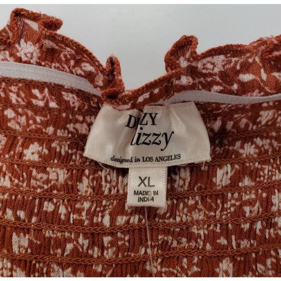 Dizzy Lizzy Smocked Crop Top Women's XL Rust‎ Orange White Floral Tie-Straps NEW - Picture 8 of 11